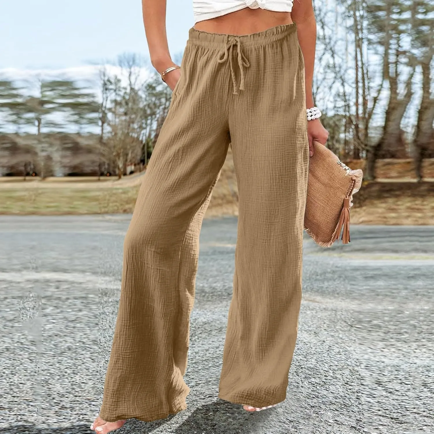 Flowy Pants for Women Elastic Waist Wide Leg Trousers Lightweight Linen Blend Casual Summer Beachwear Relaxed