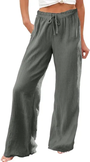 Flowy Pants for Women Elastic Waist Wide Leg Trousers Lightweight Linen Blend Casual Summer Beachwear Relaxed