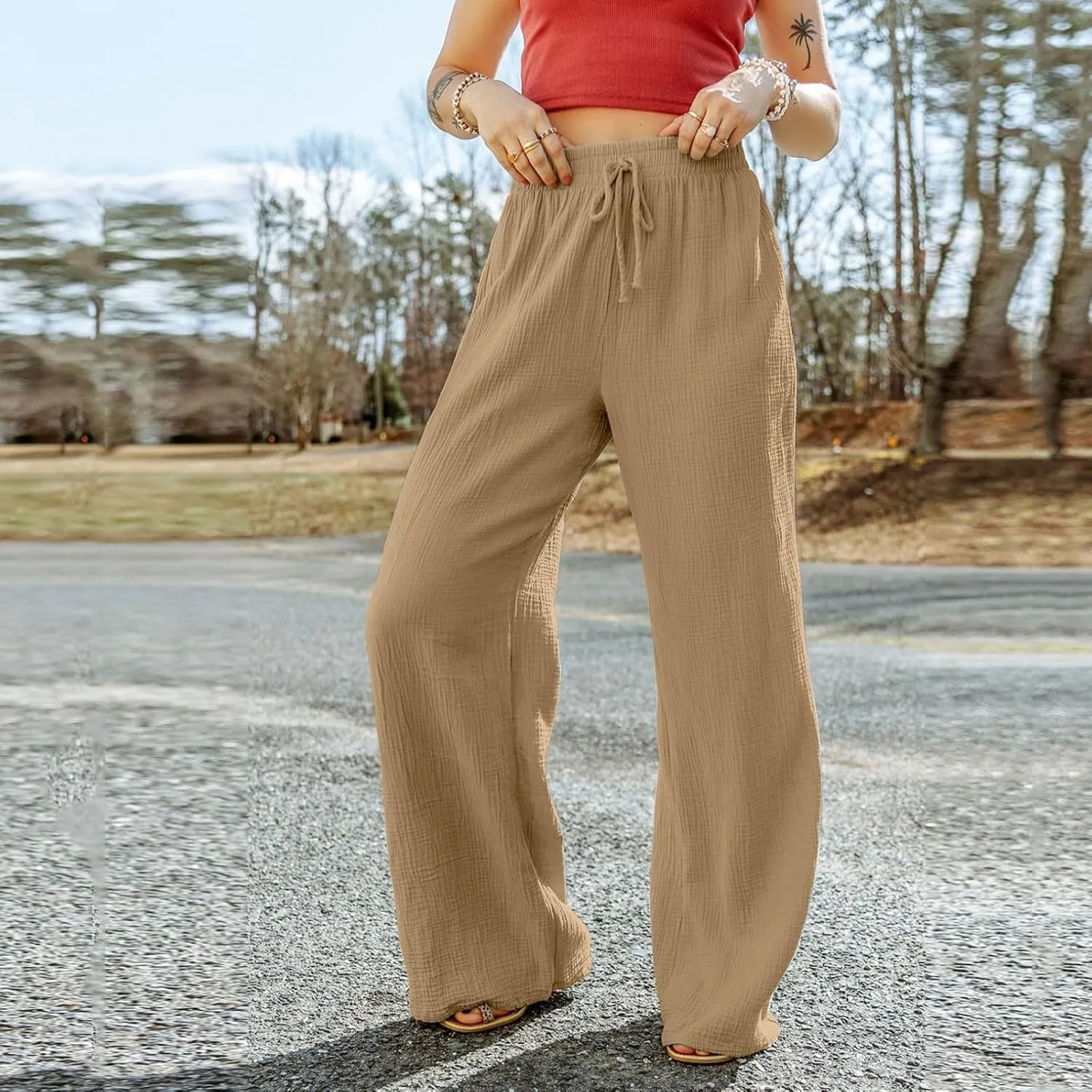 Flowy Pants for Women Elastic Waist Wide Leg Trousers Lightweight Linen Blend Casual Summer Beachwear Relaxed