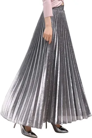 Flygo Women's Casual Metallic Shiny Shimmer Pleated Swing Maxi Long Skirt