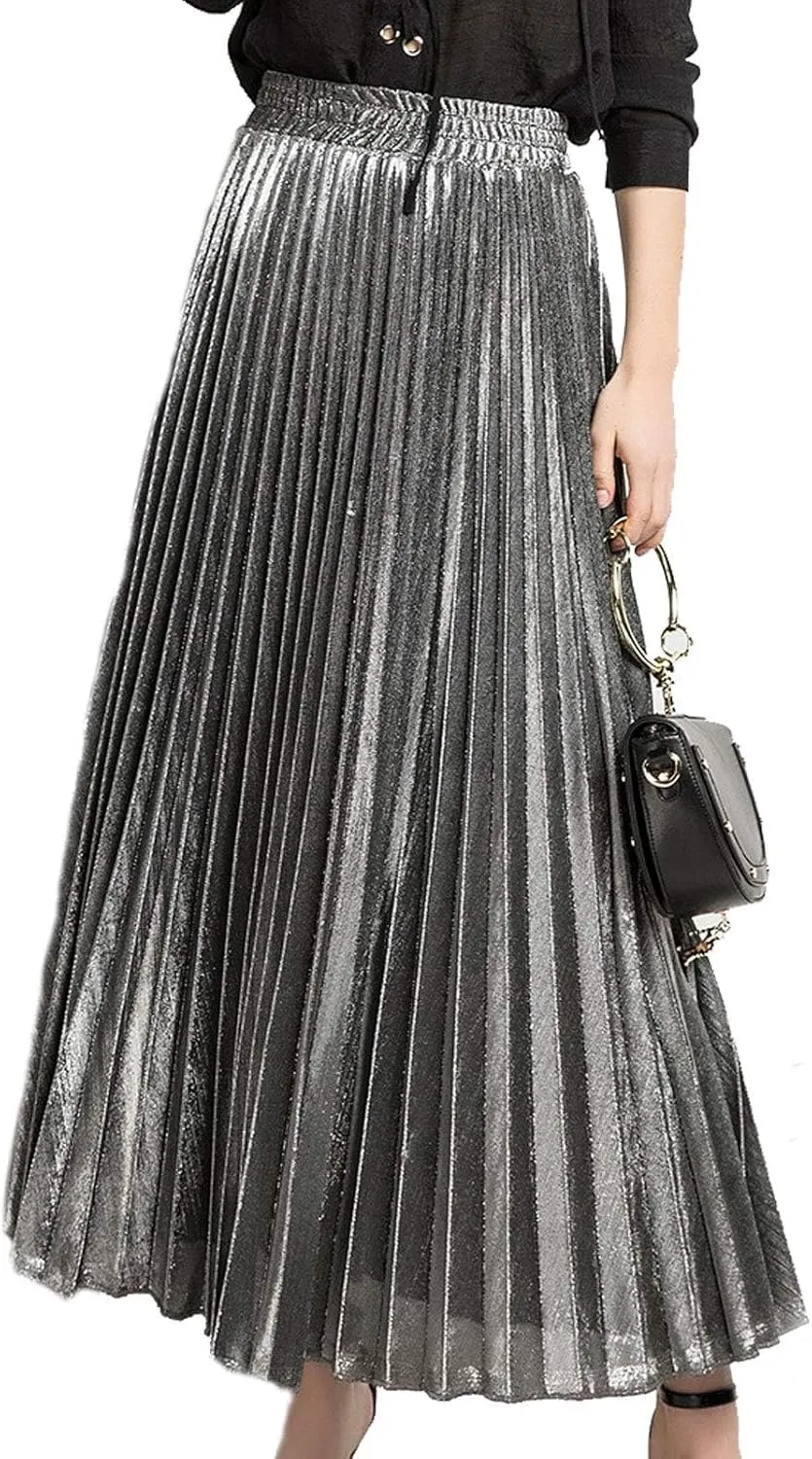 Flygo Women's Casual Metallic Shiny Shimmer Pleated Swing Maxi Long Skirt