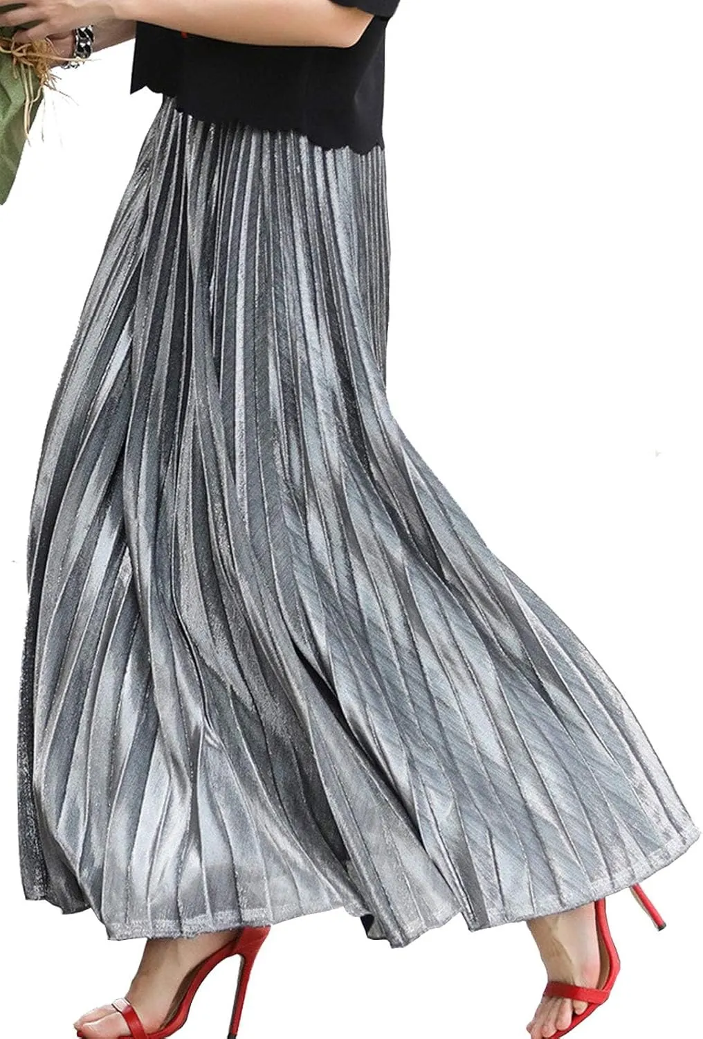 Flygo Women's Casual Metallic Shiny Shimmer Pleated Swing Maxi Long Skirt