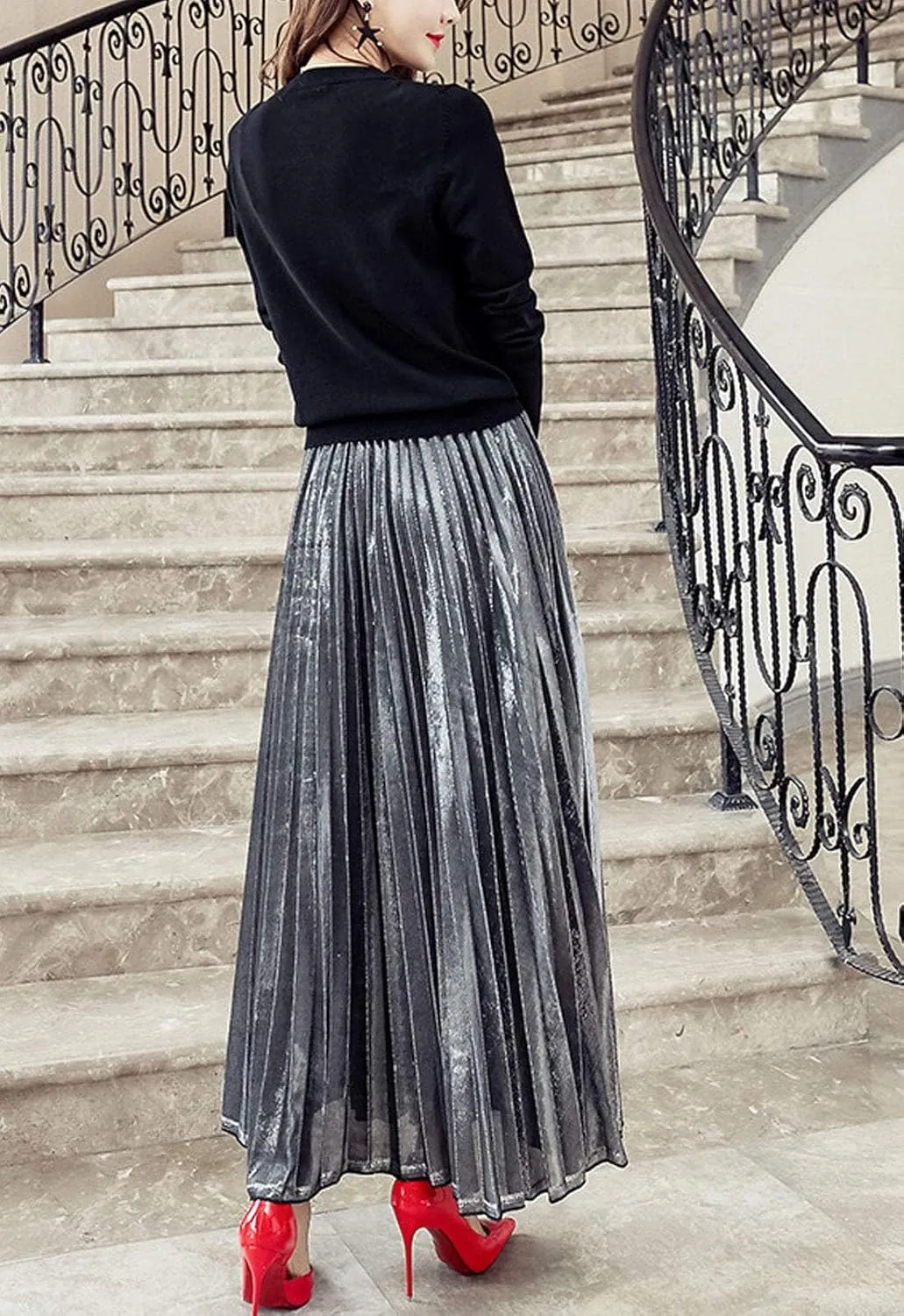 Flygo Women's Casual Metallic Shiny Shimmer Pleated Swing Maxi Long Skirt