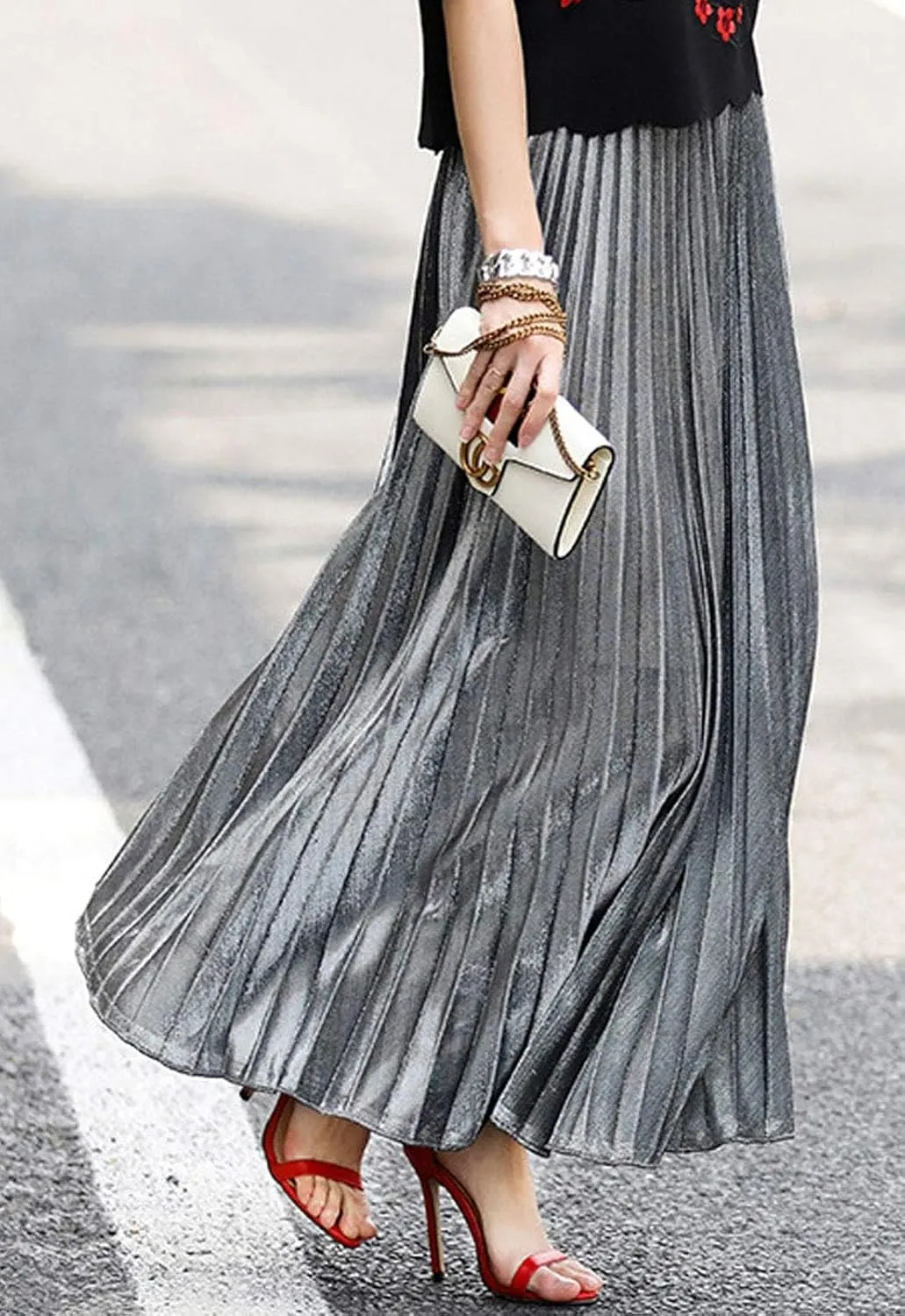 Flygo Women's Casual Metallic Shiny Shimmer Pleated Swing Maxi Long Skirt