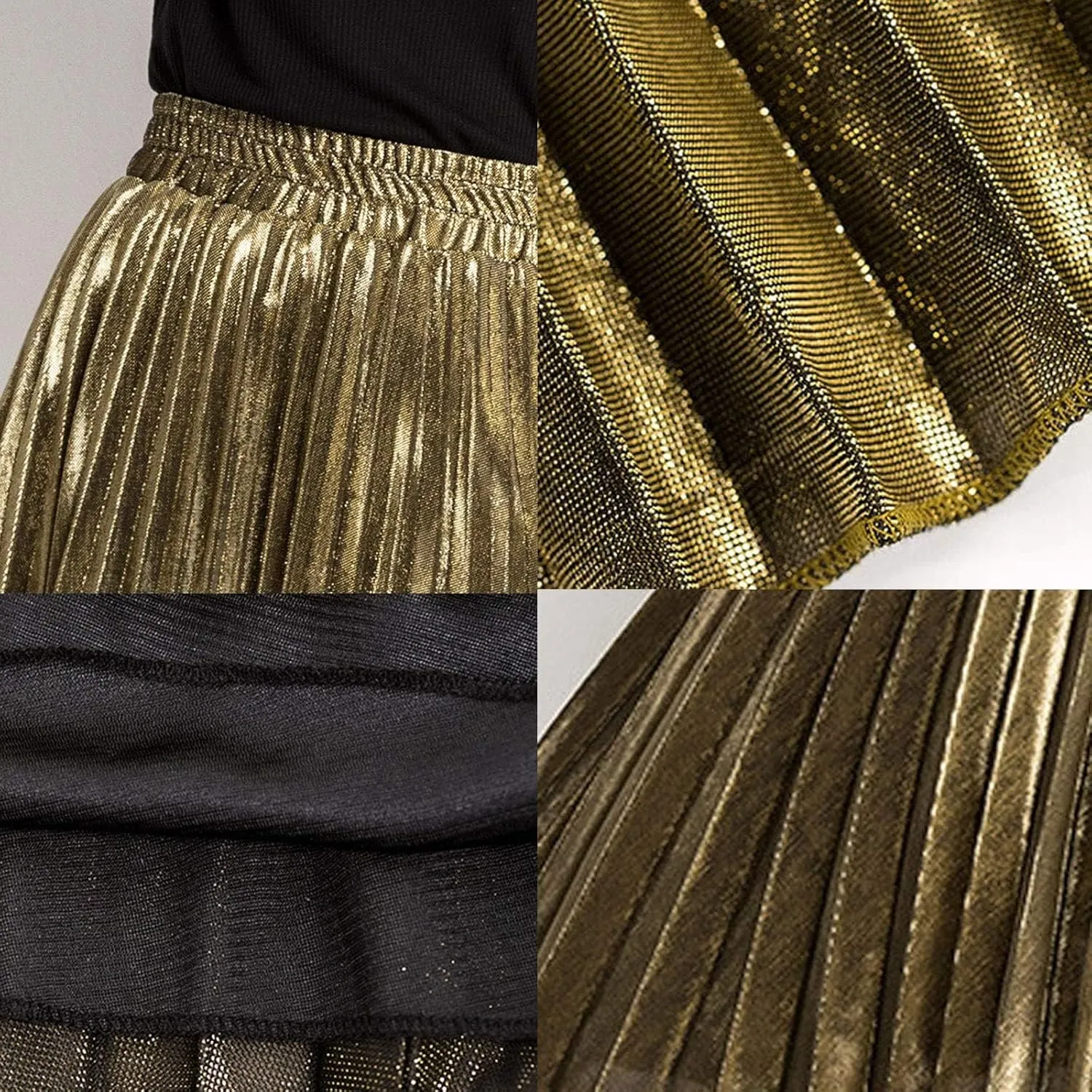 Flygo Women's Casual Metallic Shiny Shimmer Pleated Swing Maxi Long Skirt