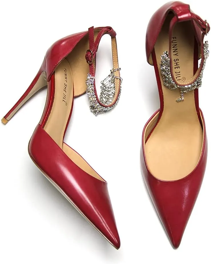 FSJ Women's Pointed Toe Stiletto High Heels Rhinestone Tassel Ankle Strap Leather Pumps Prom Party Dance Shoes Size 4-15 US