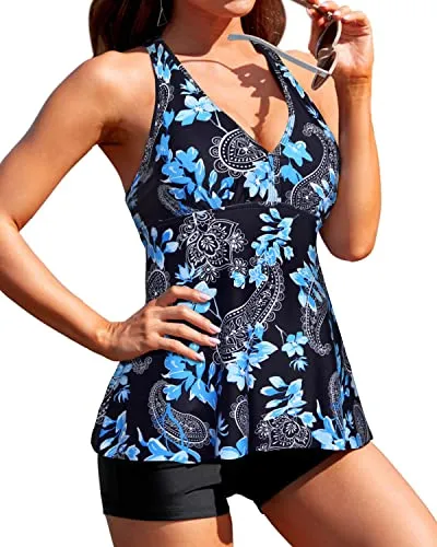 Full Coverage Swimwear Push Up Tankini & Boyshort For Tummy Control-Black Floral