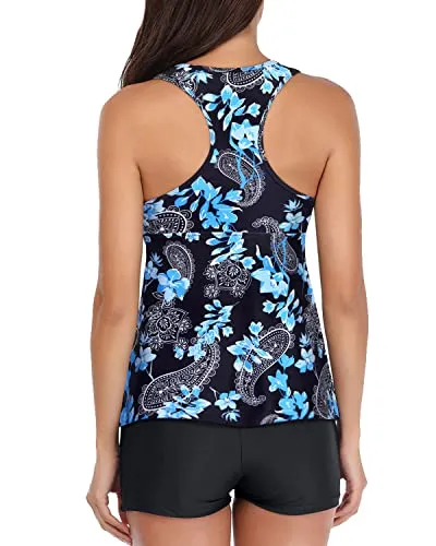 Full Coverage Swimwear Push Up Tankini & Boyshort For Tummy Control-Black Floral