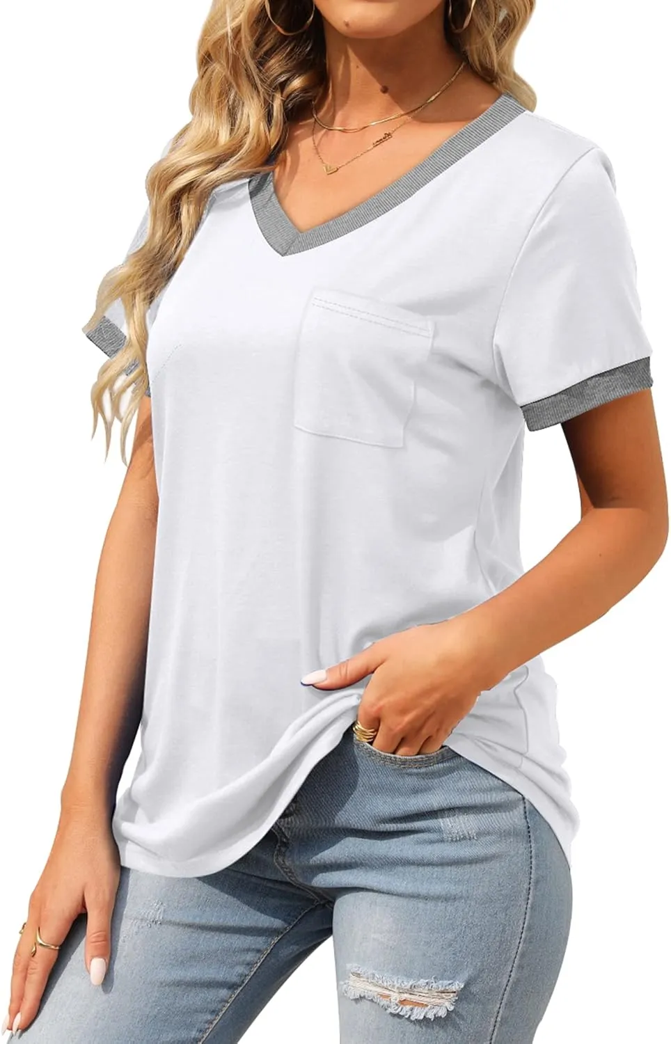 Geifa Womens T Shirts Short Sleeve V Neck Loose Casual Summer Tops with Pocket