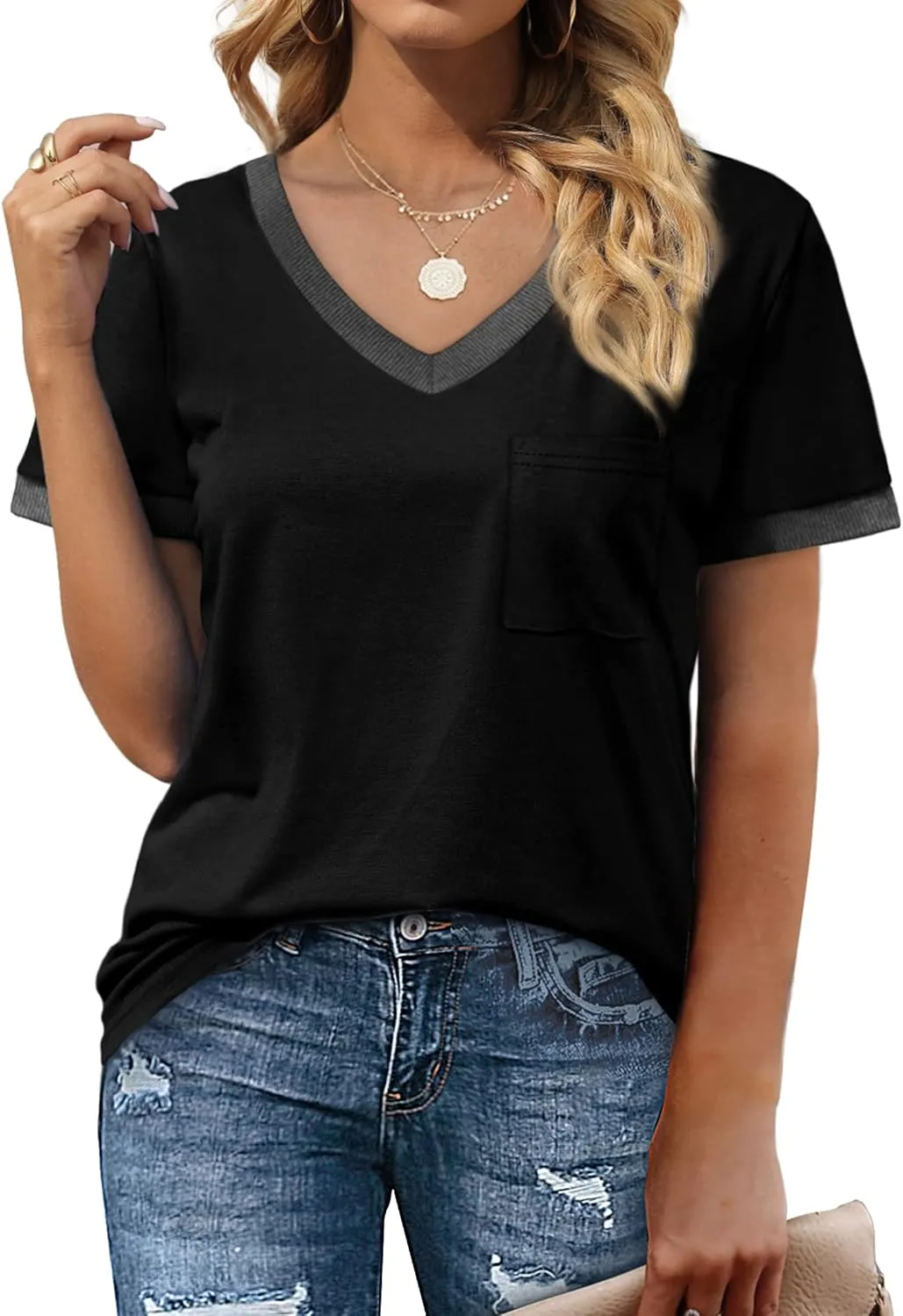 Geifa Womens T Shirts Short Sleeve V Neck Loose Casual Summer Tops with Pocket