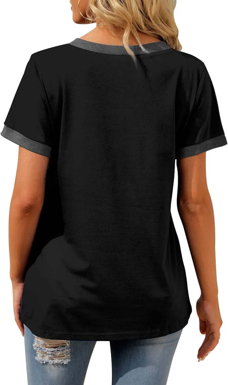 Geifa Womens T Shirts Short Sleeve V Neck Loose Casual Summer Tops with Pocket