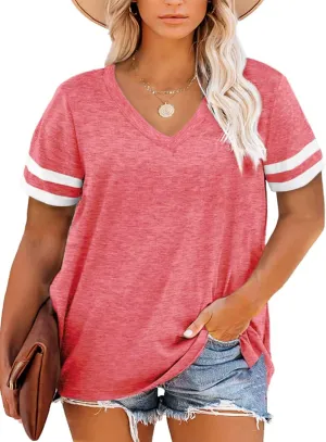Gloria&Sarah Womens Plus Size Tops V Neck T Shirt Color Block Short Sleeve Casual Tunic Tops