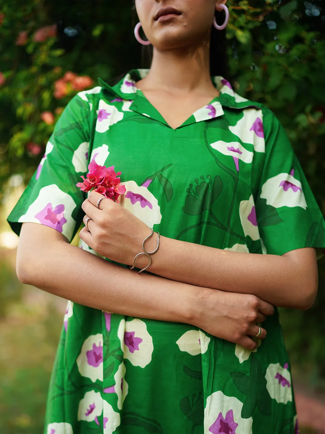 Green Printed Short Cotton Dress