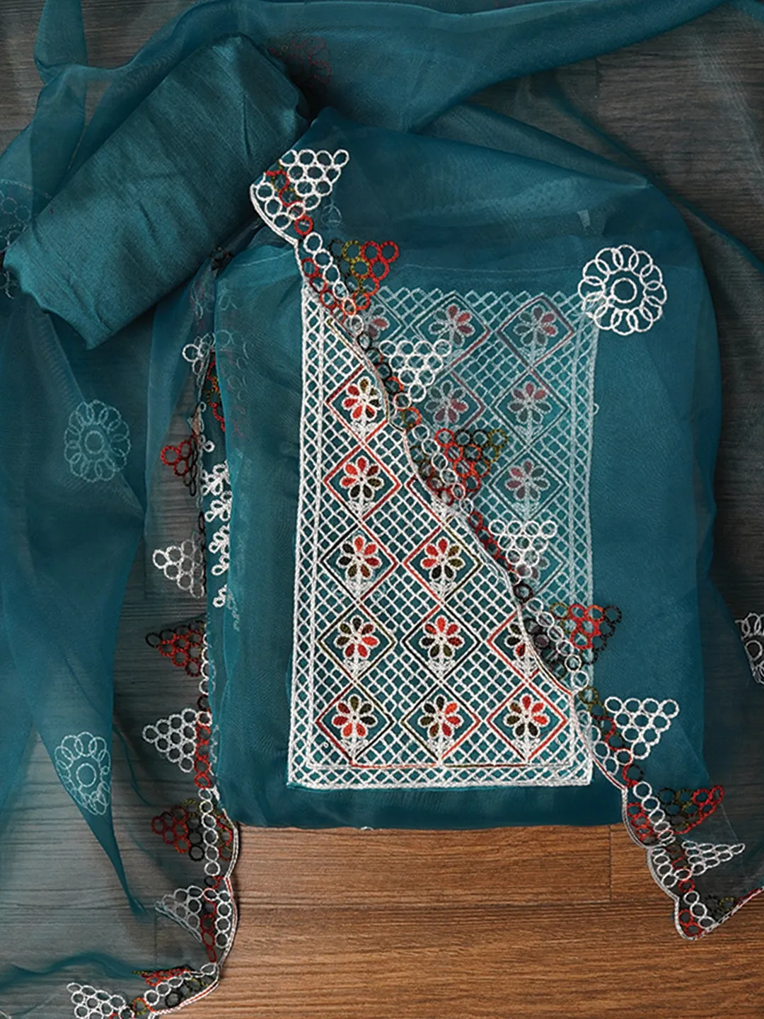 Green Zari Embroidered Organza Dress Material with Dupatta