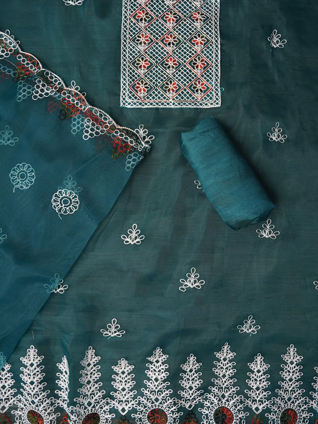 Green Zari Embroidered Organza Dress Material with Dupatta