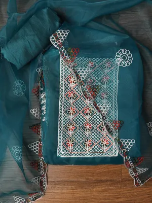 Green Zari Embroidered Organza Dress Material with Dupatta