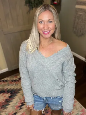 Grey Distressed V-Neck Sweater