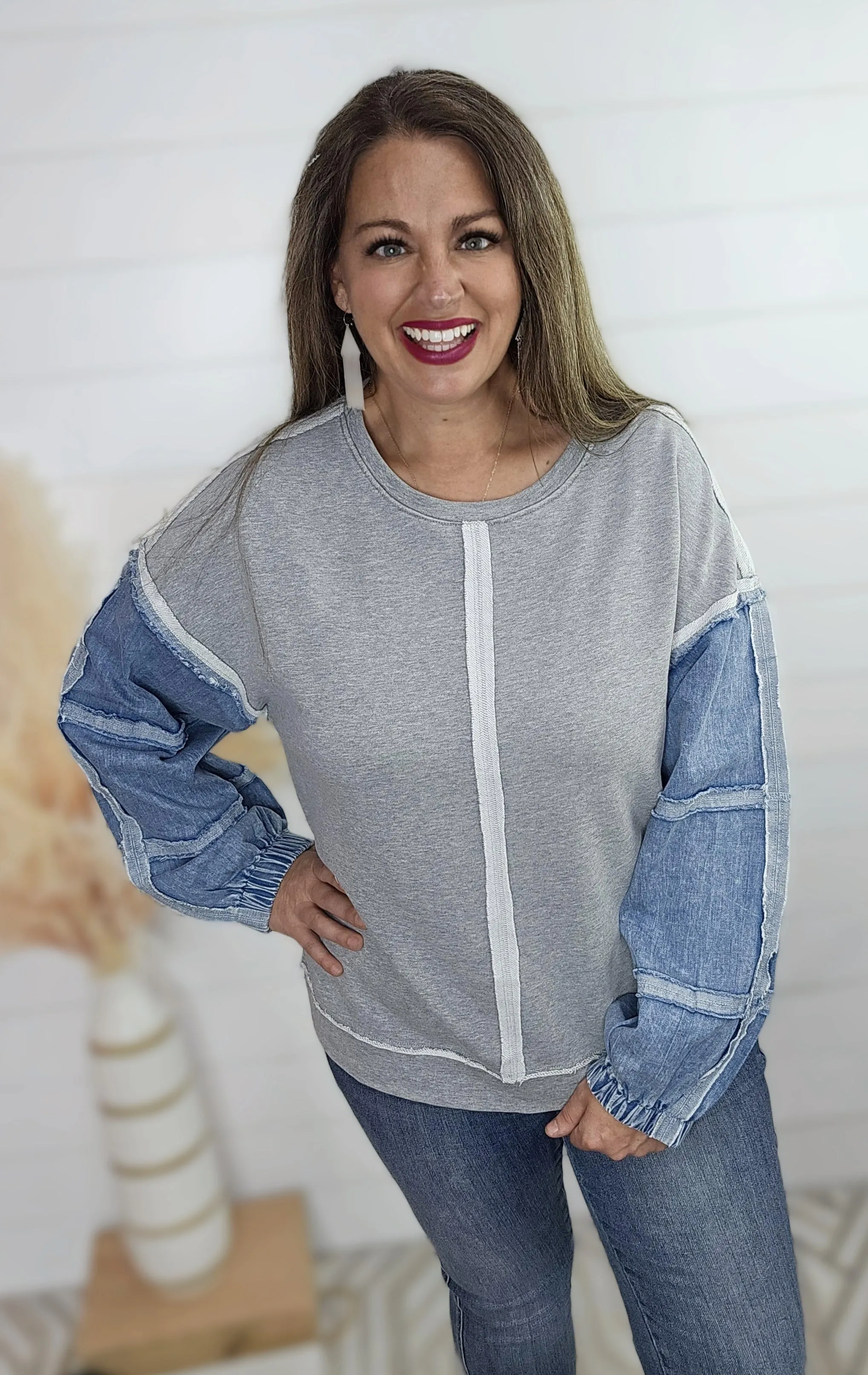 GREY FRENCH TERRY PULLOVER WITH DENIM SLEEVE TOP