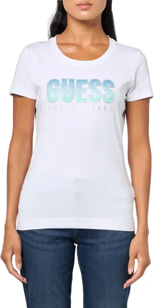 GUESS Women's Short Sleeve Eco Glitter Degrade Logo Tee