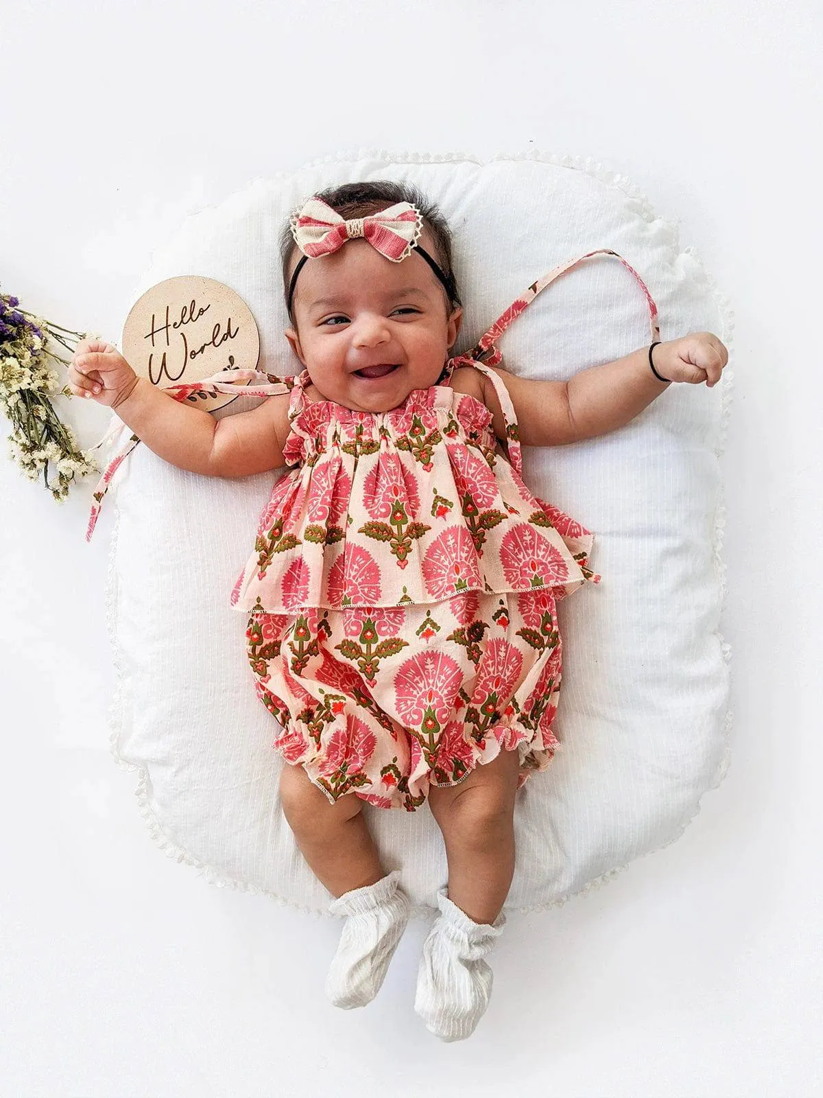 Halemons Cotton Floral Frilled Playsuit, Elasticated, Diaper Buttons - Peach