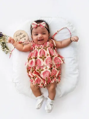 Halemons Cotton Floral Frilled Playsuit, Elasticated, Diaper Buttons - Peach