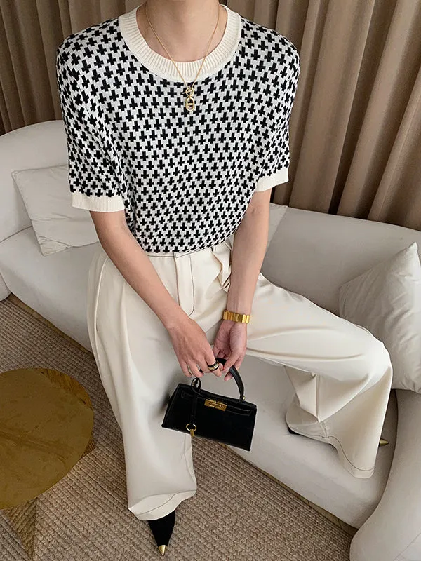Half Sleeves Houndstooth Round-Neck Sweater Tops