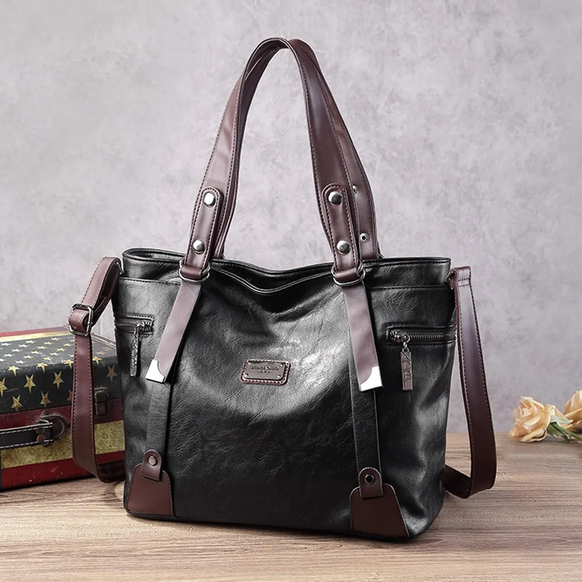 Handbags and Purses for Women Vegan Leather Tote Bag with Zipper Compartments Womens Shoulder Crossbody Satchel Bags