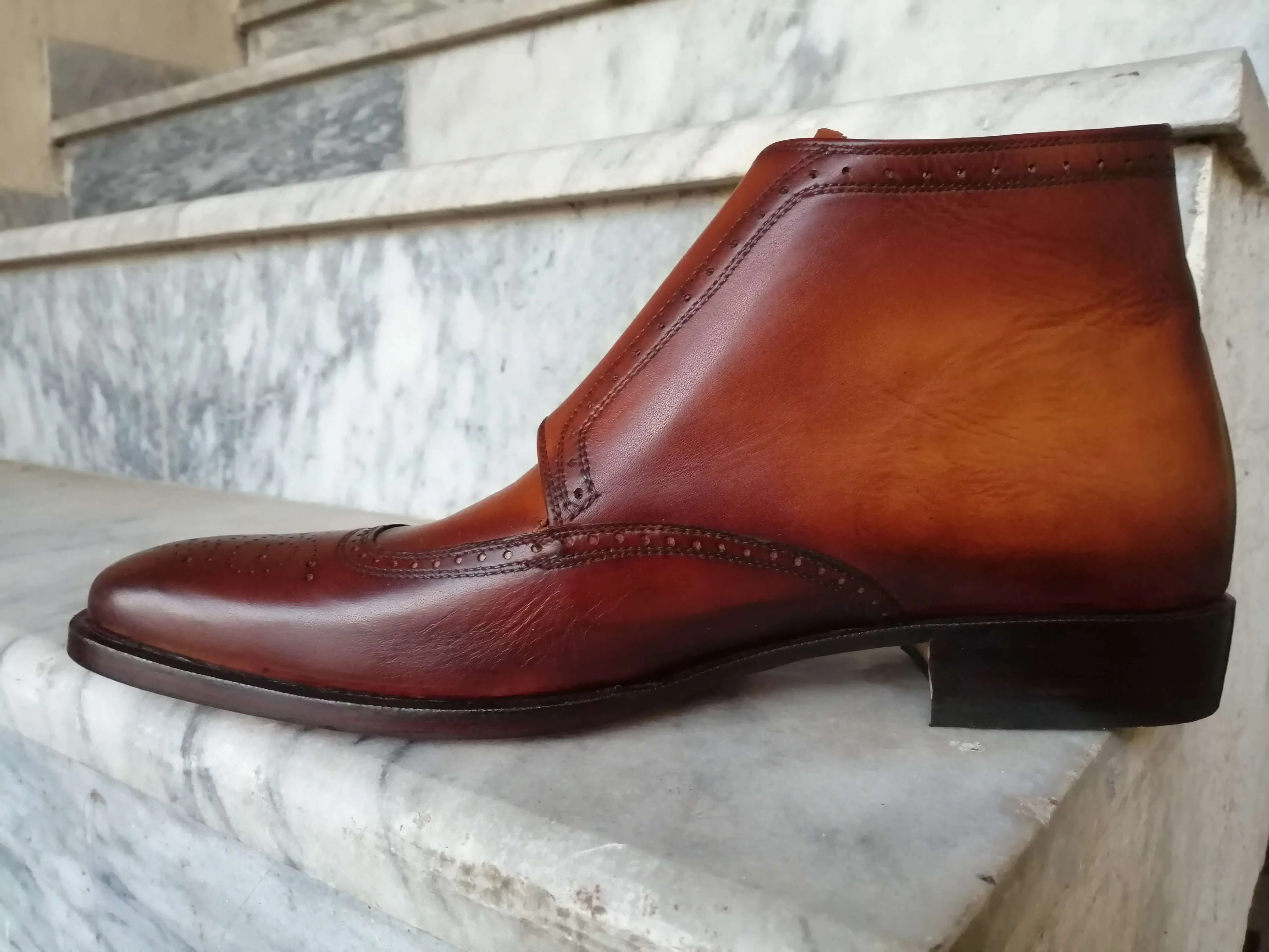 Handmade Men's Half Ankle Triple Monk Boot,Men's Brown Leather Brogue Round Toe Boot