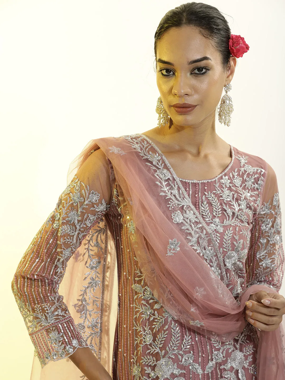 Heavy Embroidered Net Kurta Set With Dupatta