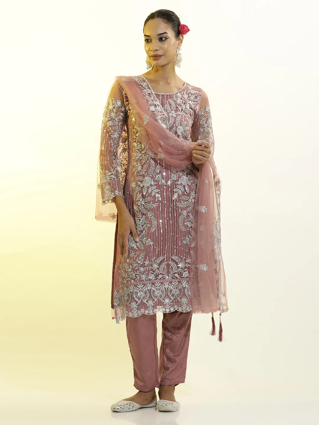 Heavy Embroidered Net Kurta Set With Dupatta
