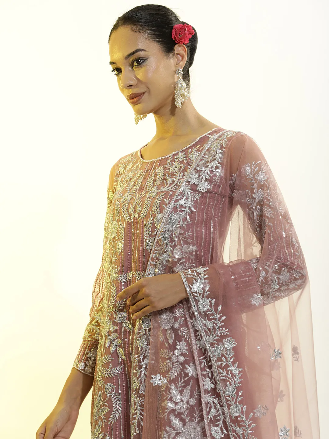 Heavy Embroidered Net Kurta Set With Dupatta