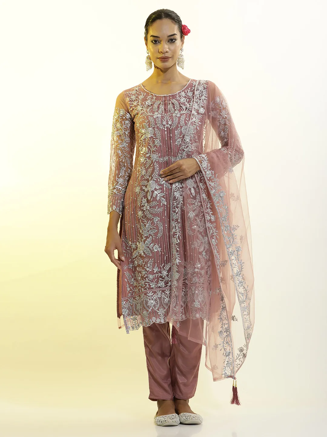 Heavy Embroidered Net Kurta Set With Dupatta