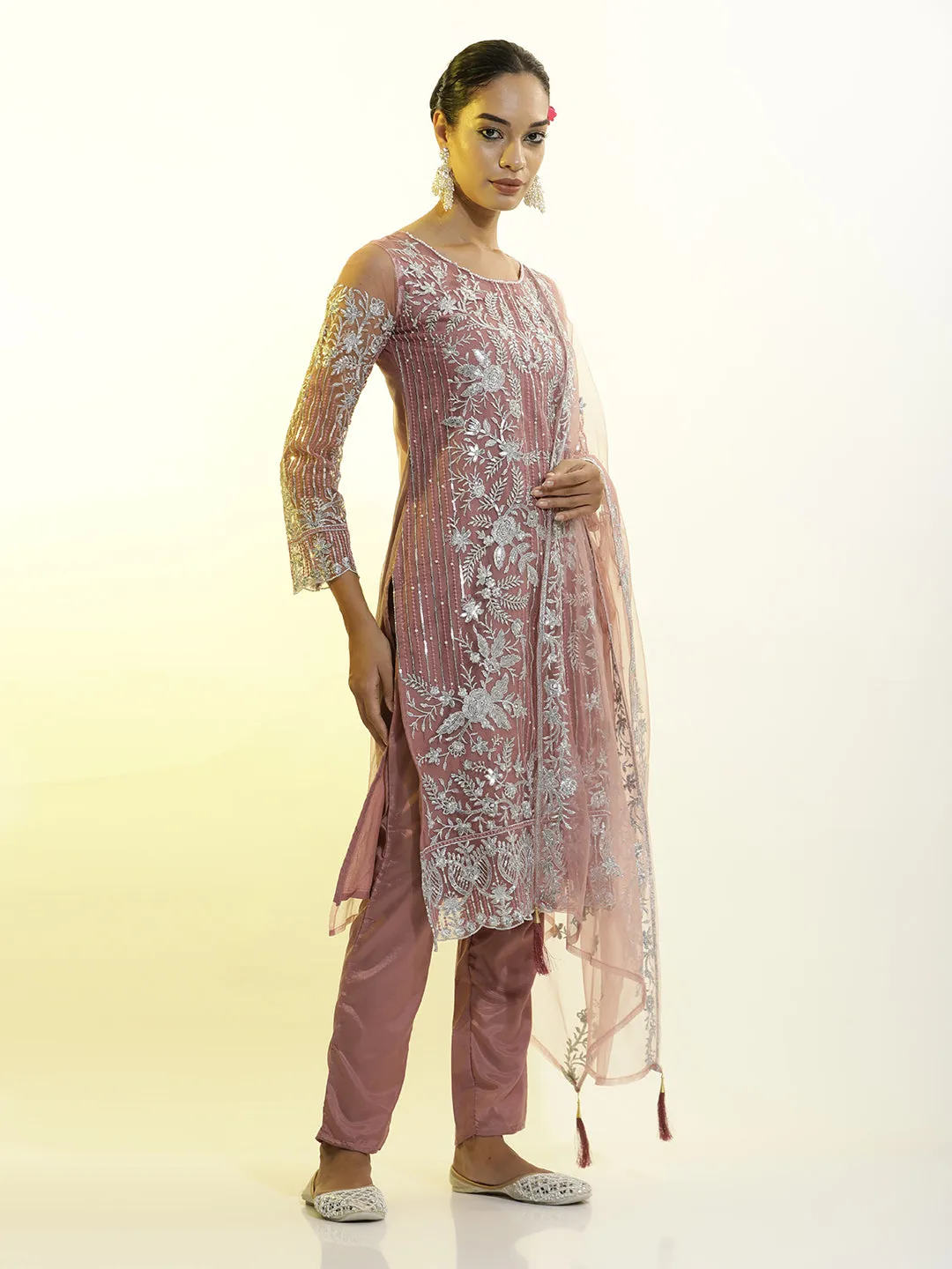 Heavy Embroidered Net Kurta Set With Dupatta