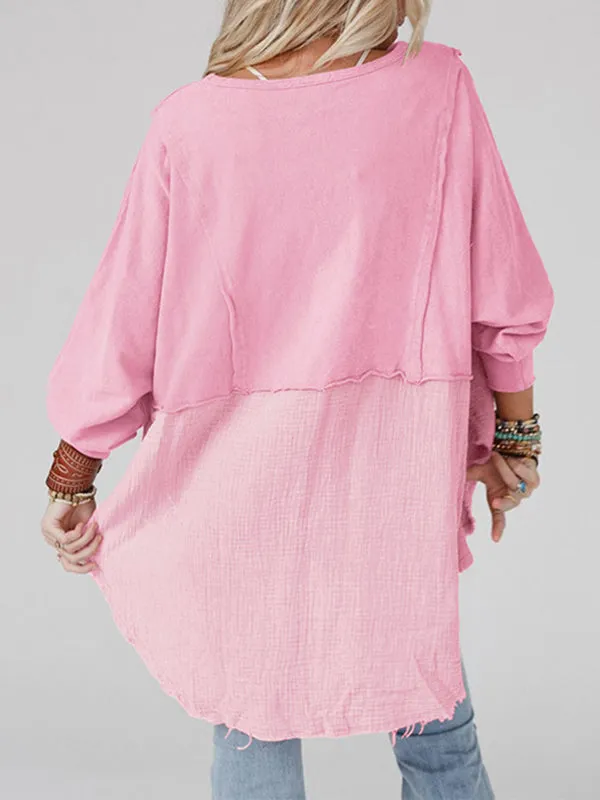 High-Low Long Sleeves Fringed Split-Joint Split-Side Round-Neck Sweatshirt Tops
