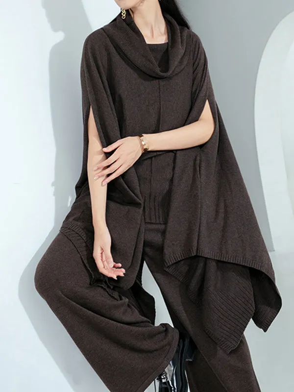 High-Low Long Sleeves Solid Color Heaps Collar Pullovers Sweater Tops