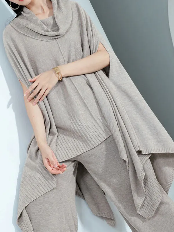 High-Low Long Sleeves Solid Color Heaps Collar Pullovers Sweater Tops