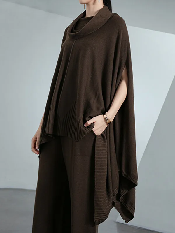 High-Low Long Sleeves Solid Color Heaps Collar Pullovers Sweater Tops