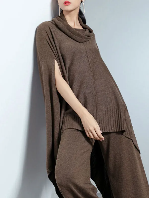 High-Low Long Sleeves Solid Color Heaps Collar Pullovers Sweater Tops
