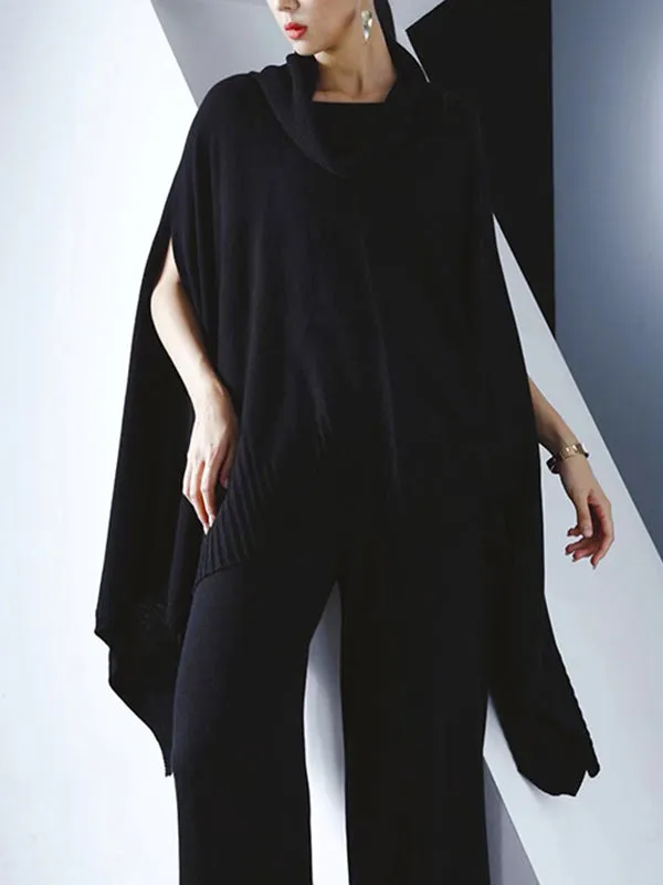High-Low Long Sleeves Solid Color Heaps Collar Pullovers Sweater Tops