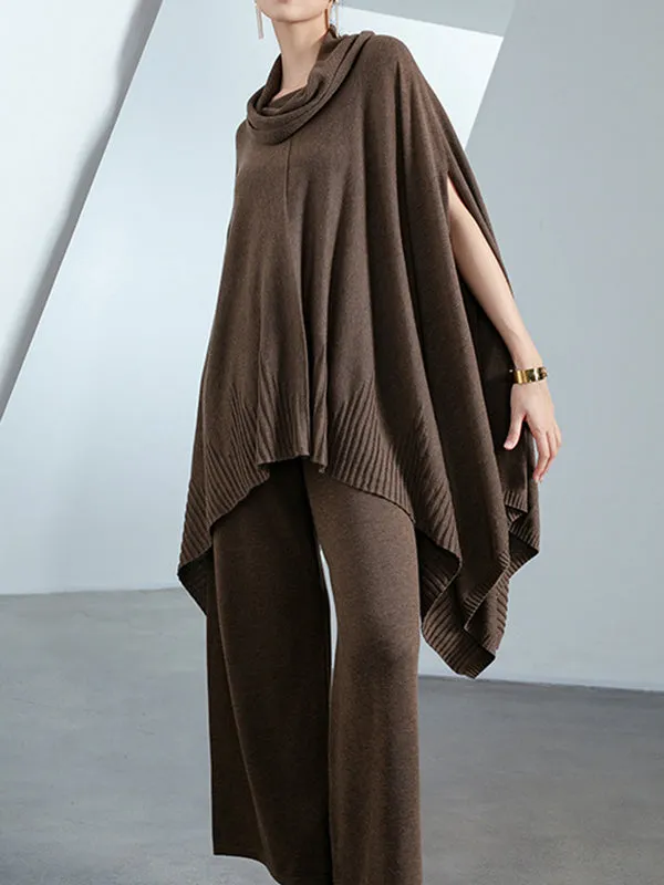 High-Low Long Sleeves Solid Color Heaps Collar Pullovers Sweater Tops