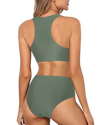 High Neck Sporty Bikini Set Removable Padded Bra-Army Green