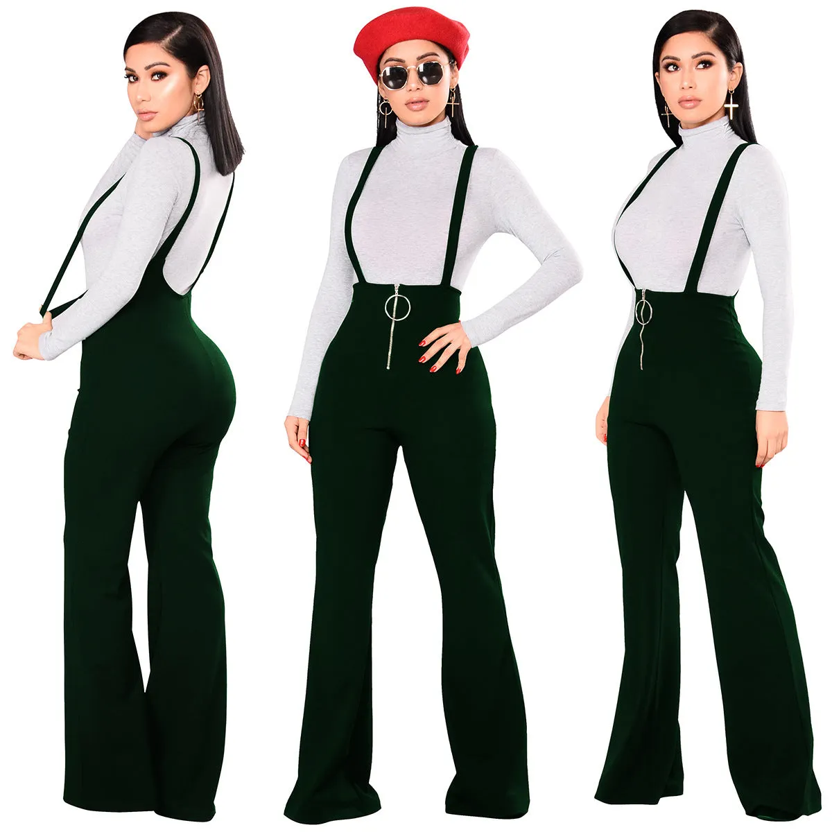 High Waist Pure Color Loose Wide-leg Long Rompers Pants