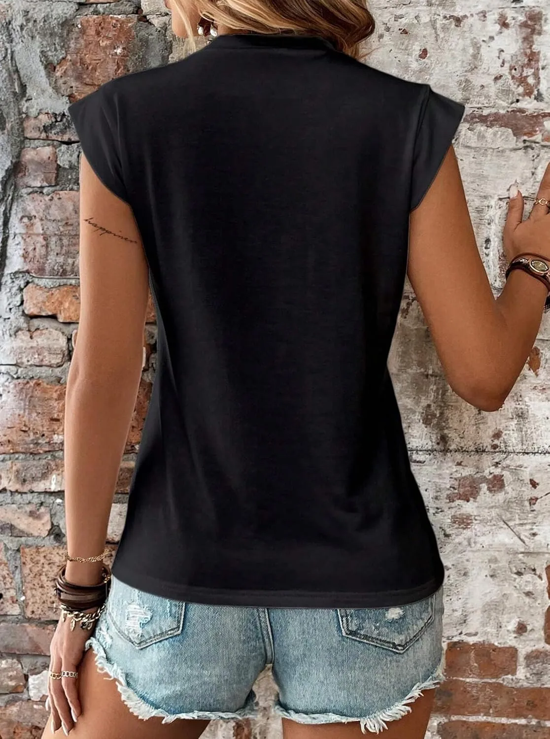 Hilinker Women's Cute Summer Cap Sleeve Top Mock Neck T Shirts Casual Loose Summer Tee