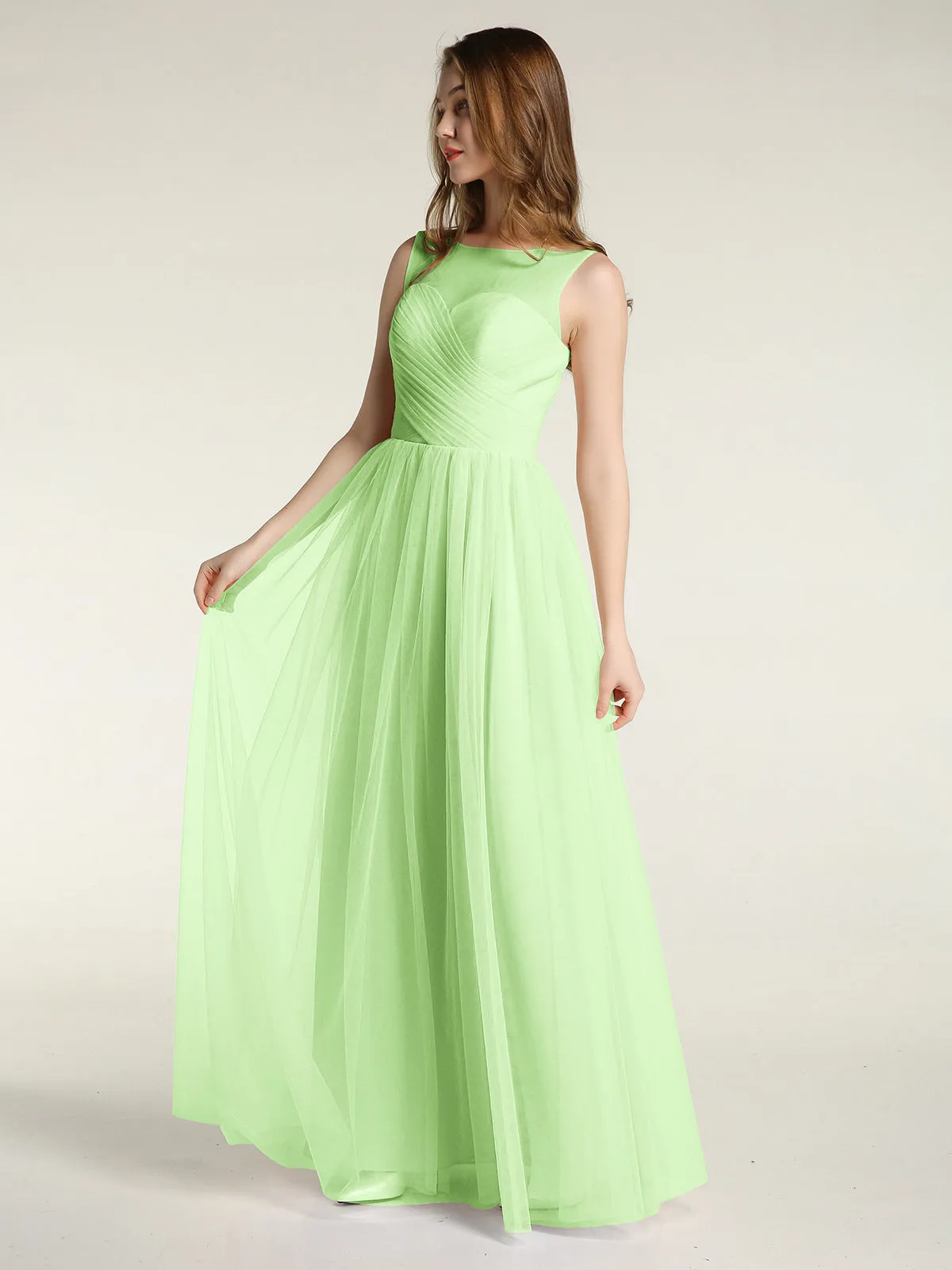 Illusion Neck Cross Tulle Bridesmaid Dresses-Sage