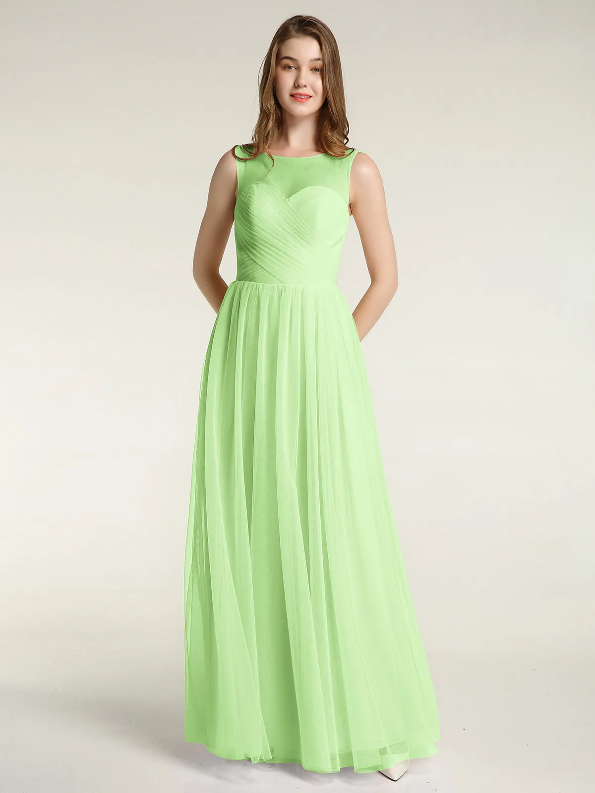 Illusion Neck Cross Tulle Bridesmaid Dresses-Sage