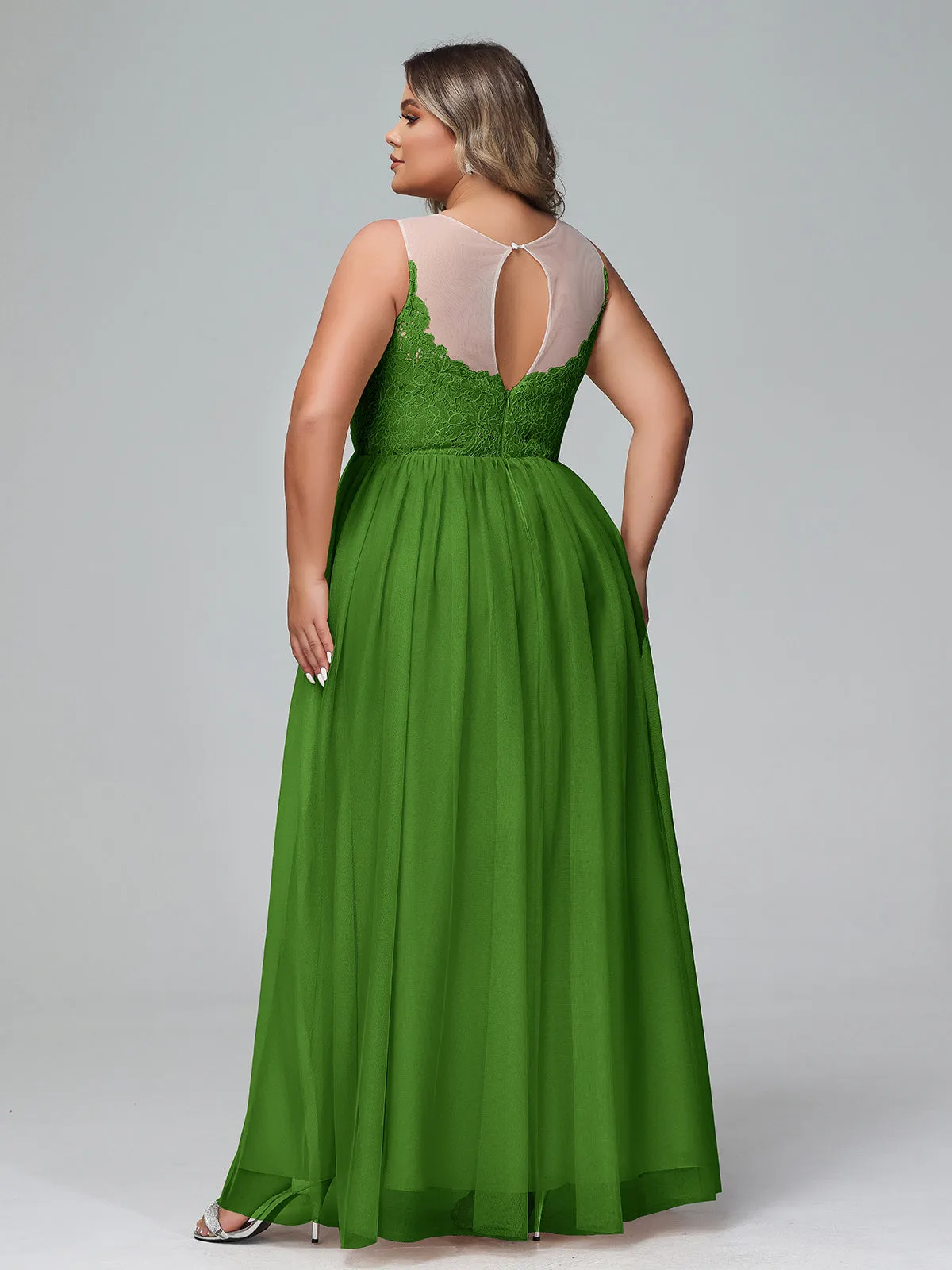 Illusion Neckline Lace and Tulle Maxi Dress-Moss Plus Size