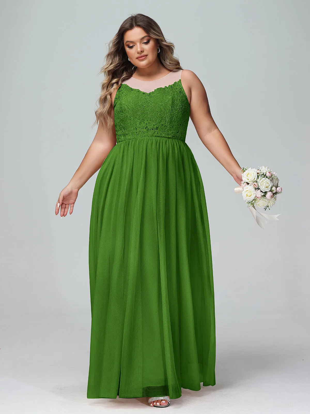 Illusion Neckline Lace and Tulle Maxi Dress-Moss Plus Size