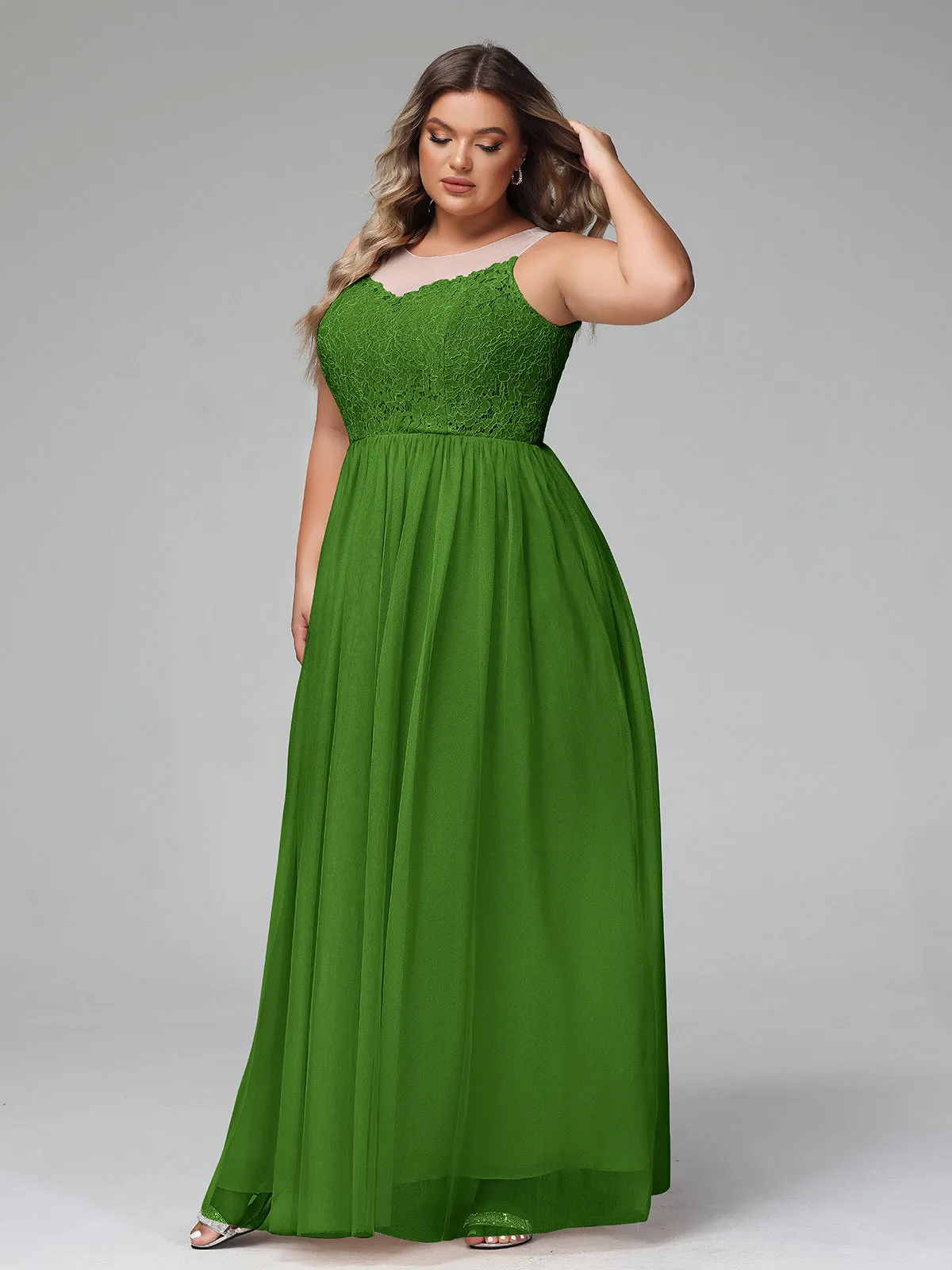 Illusion Neckline Lace and Tulle Maxi Dress-Moss Plus Size