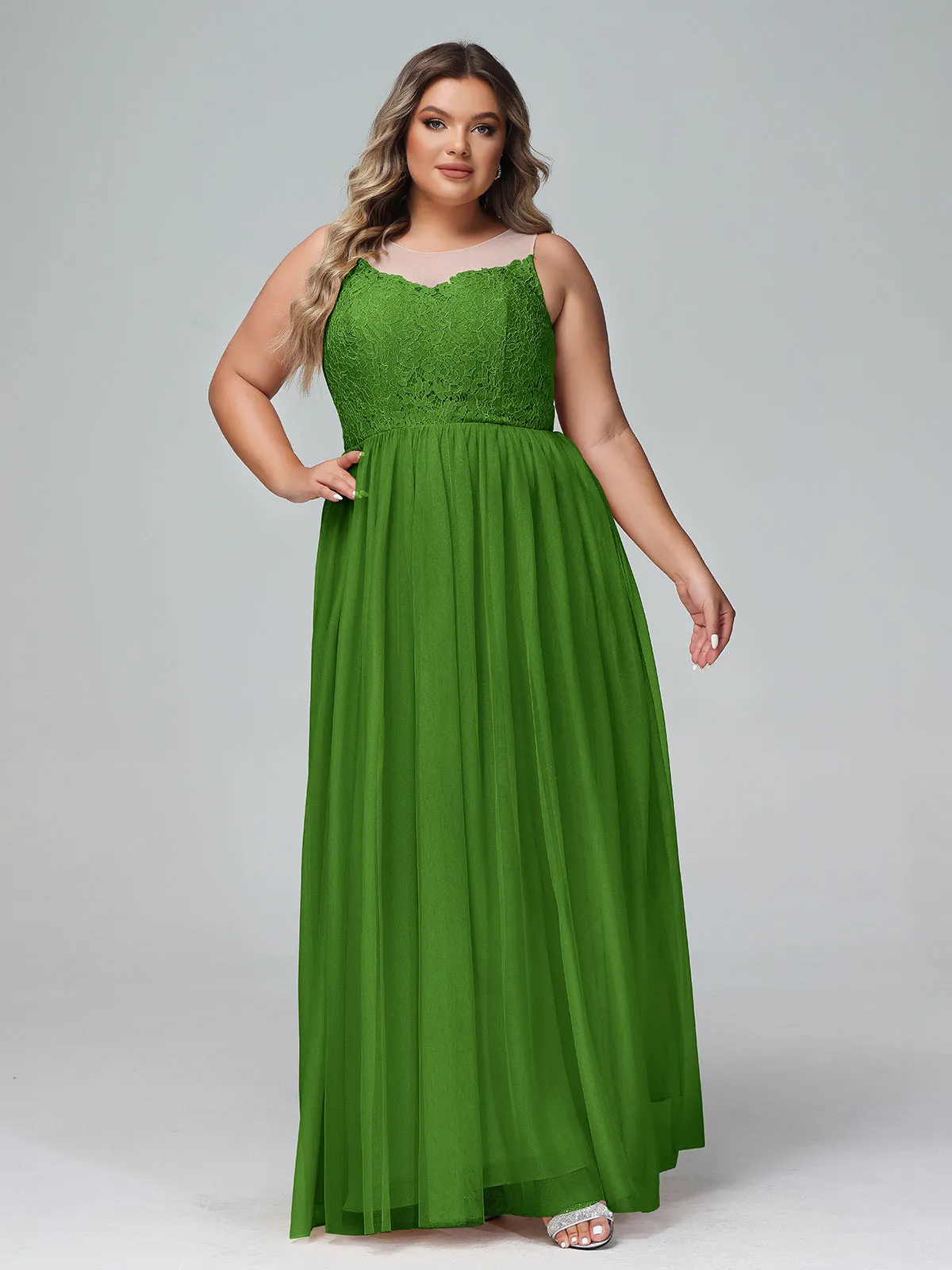 Illusion Neckline Lace and Tulle Maxi Dress-Moss Plus Size