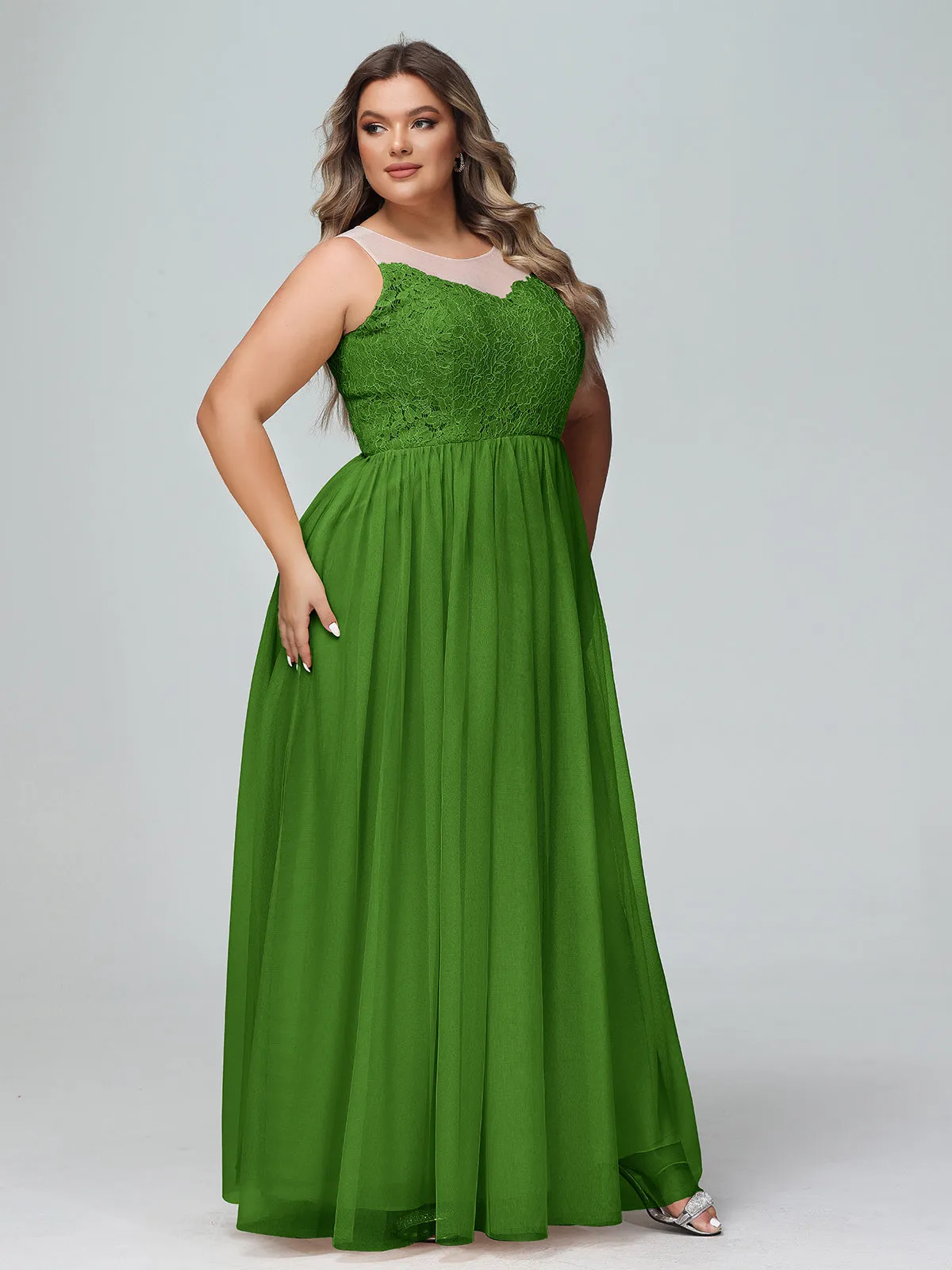 Illusion Neckline Lace and Tulle Maxi Dress-Moss Plus Size